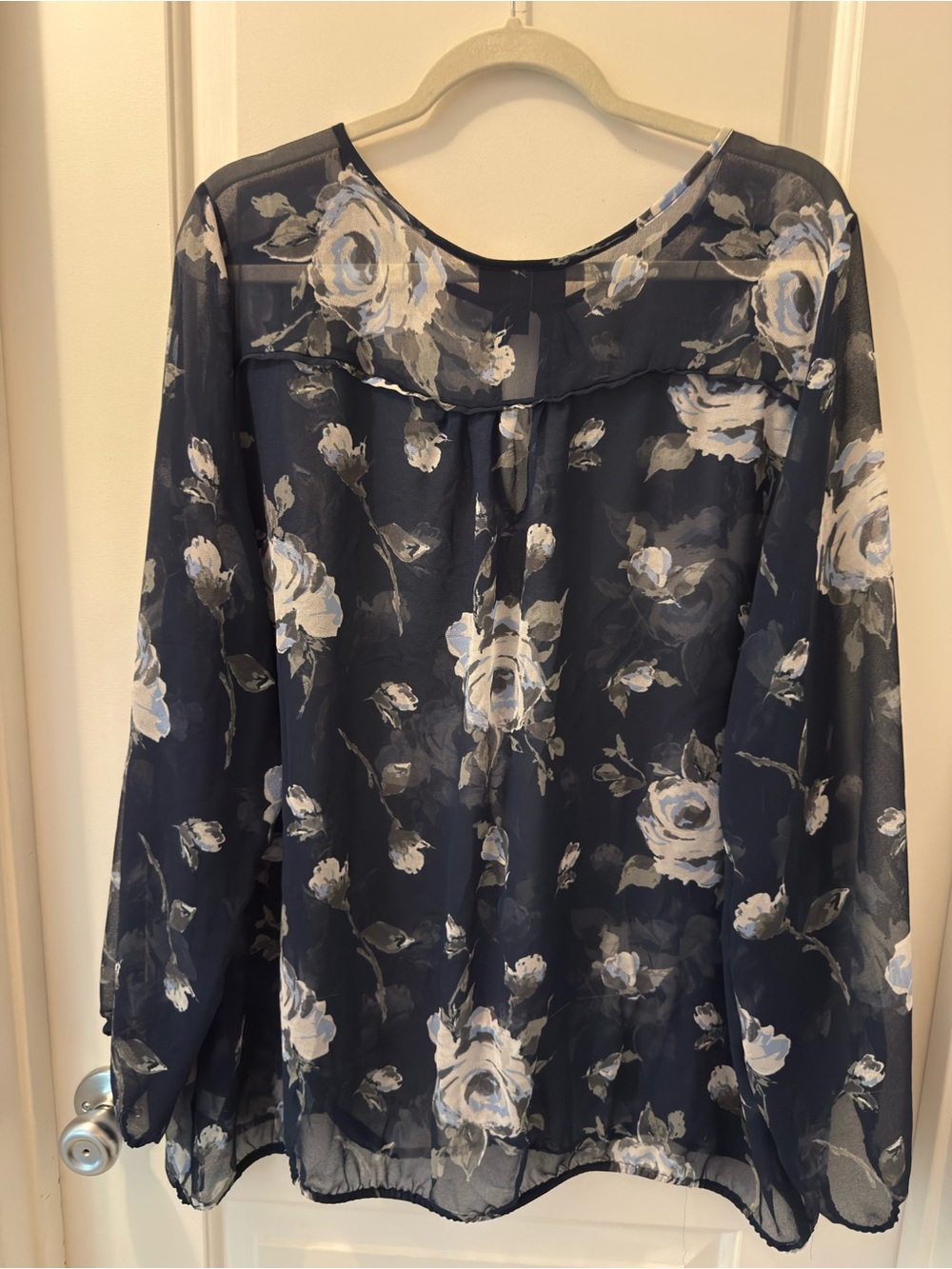 Lane Bryant Navy Blouse with White Floral Accents
